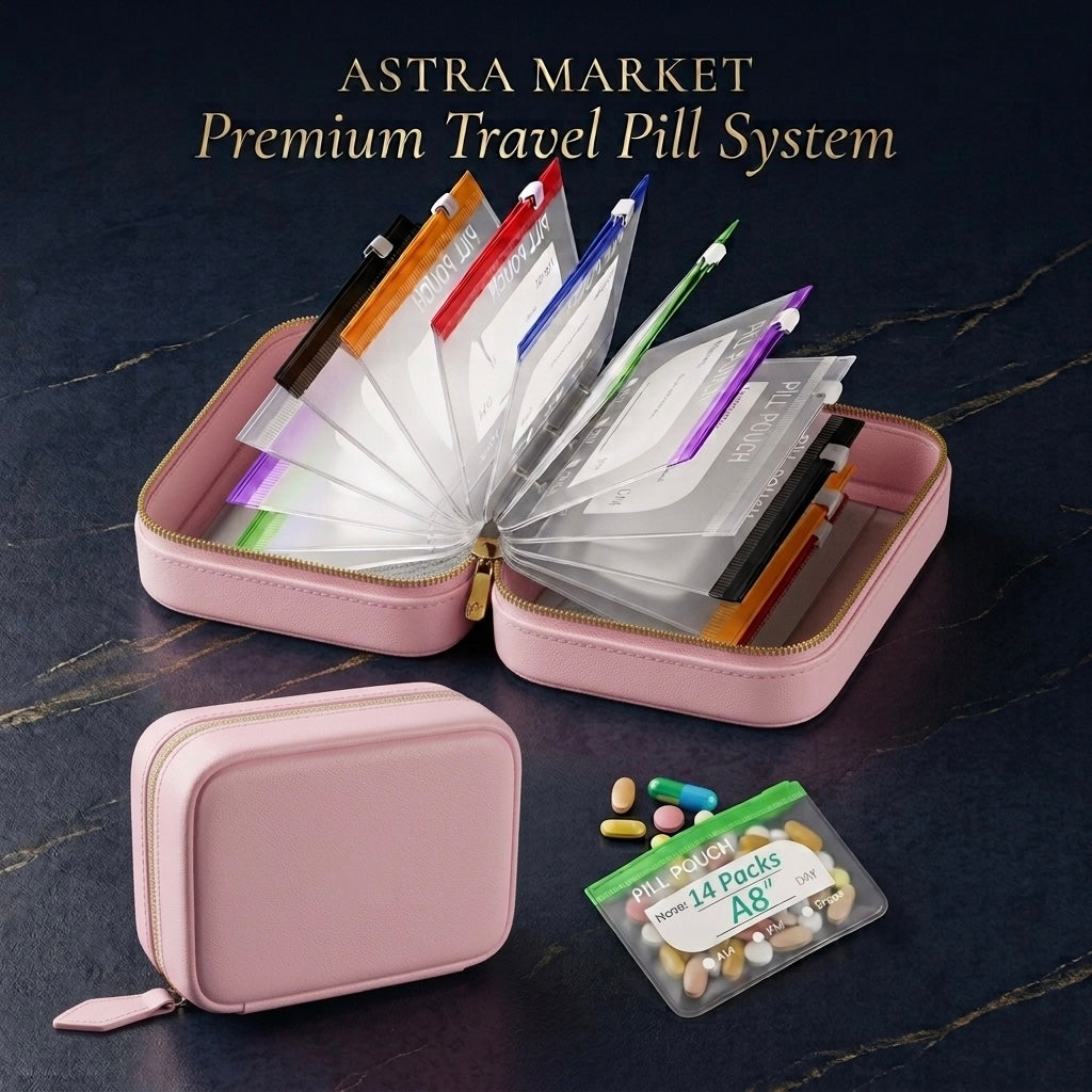 Weekly Pill Organizer Leatherette Binder – 14 Waterproof Pouches