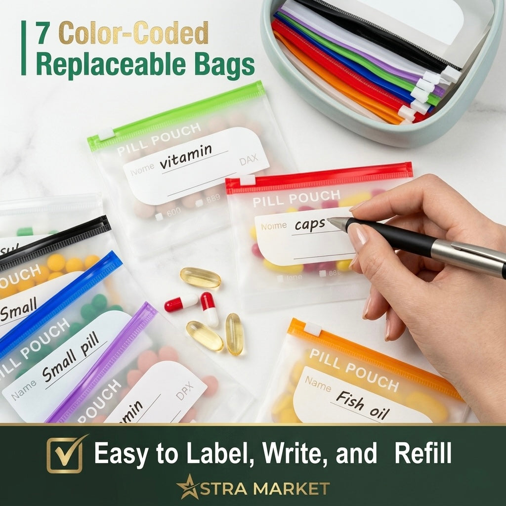 Weekly Pill Organizer Leatherette Binder – 14 Waterproof Pouches