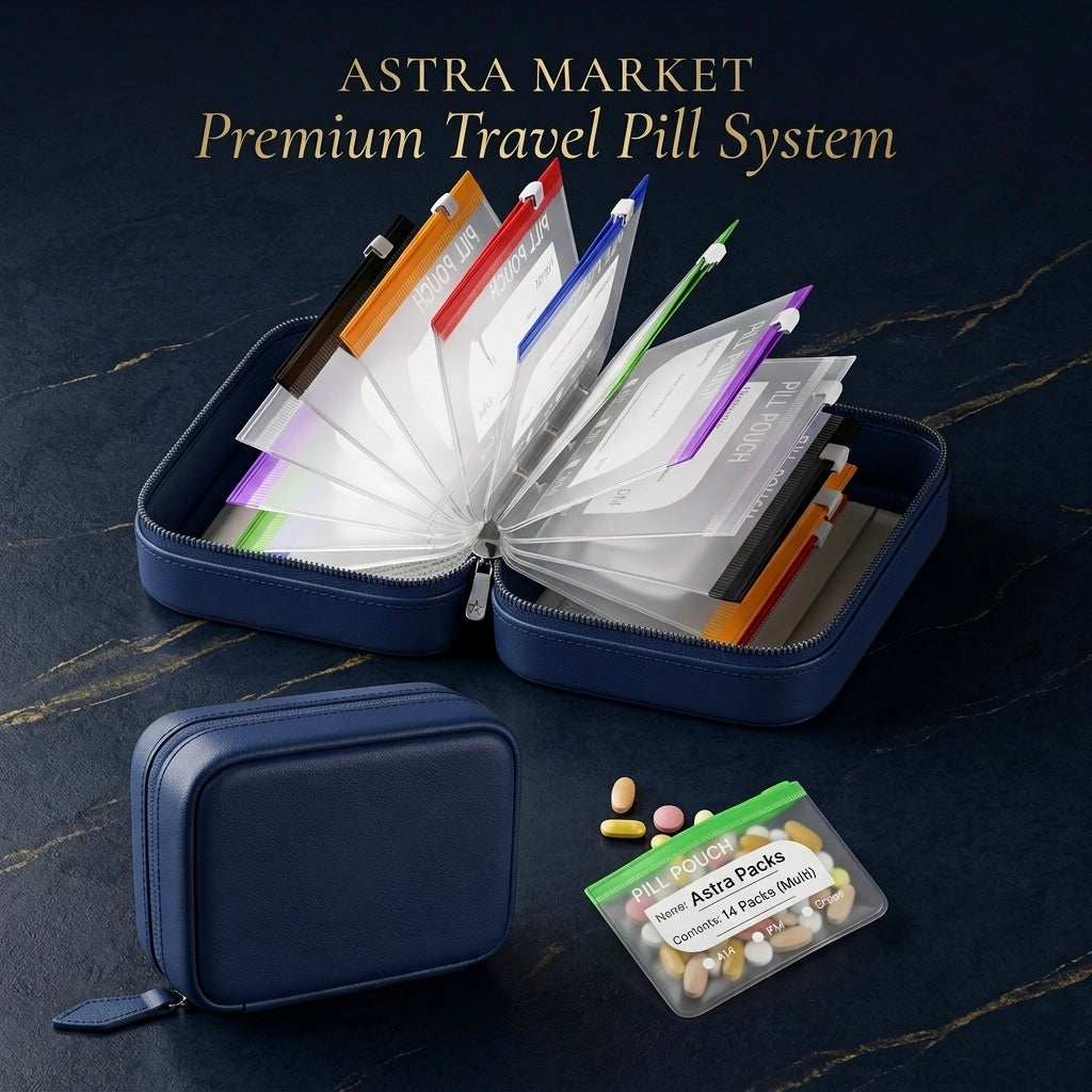 Weekly Pill Organizer Leatherette Binder – 14 Waterproof Pouches