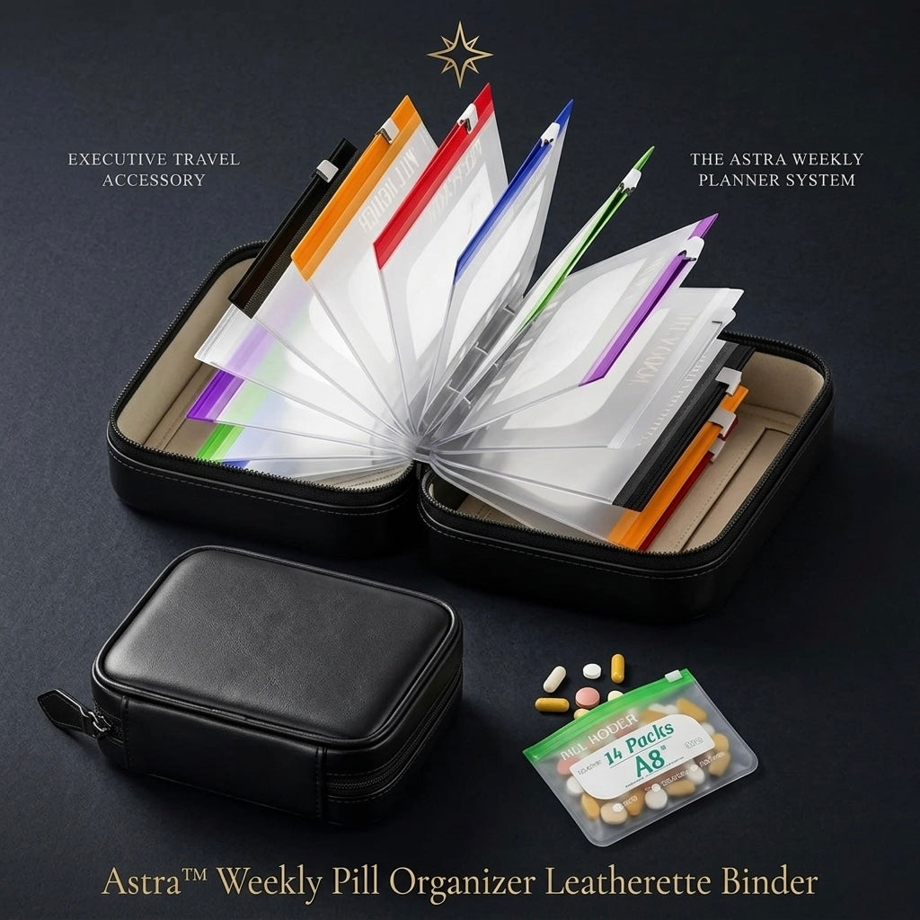 Weekly Pill Organizer Leatherette Binder – 14 Waterproof Pouches