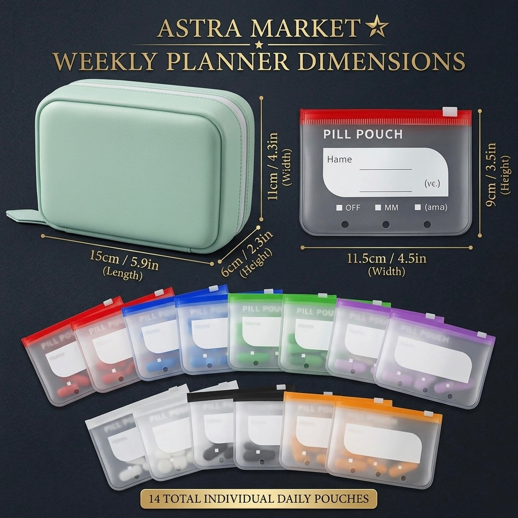 Weekly Pill Organizer Leatherette Binder – 14 Waterproof Pouches
