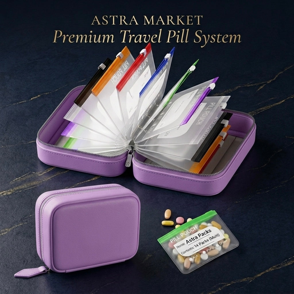 Weekly Pill Organizer Leatherette Binder – 14 Waterproof Pouches